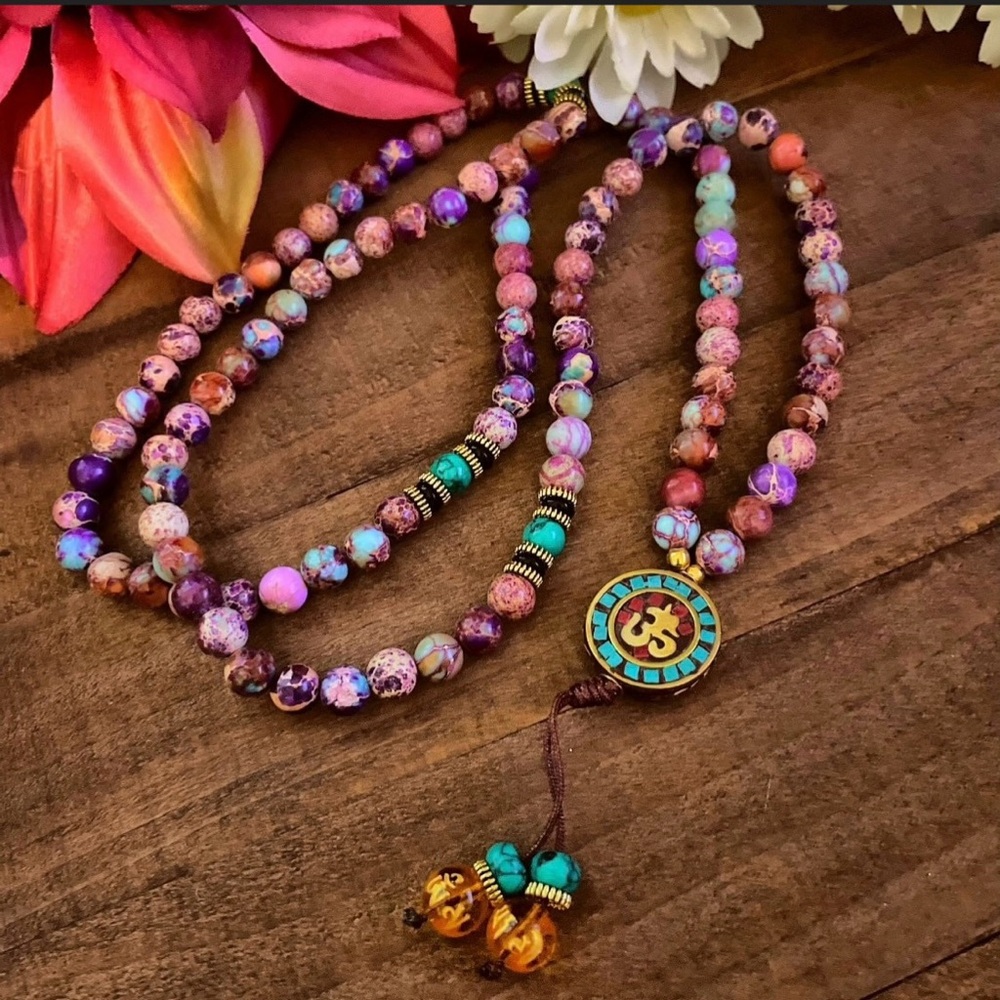 Mala Long Necklace, Yoga Jewelry,Om Long Necklace,Gemstone Necklace